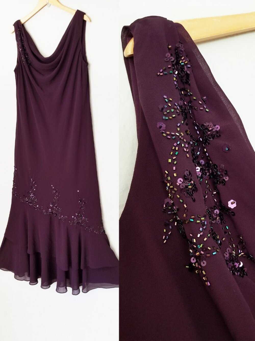 XSCAPE Cowl Neck Beaded Sequins Gown Maxi Dress Plum Purple Plus 18W Wedding Y2K